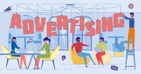 Advertising Industry Experts Word Concept Banner. Adverts Creation Specialists, Marketing Experts, Product Promotion Team Cartoon Characters. PR Agency Workers Advertisement Designのイラスト素材