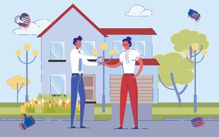 Cartoon Man Giving Key from House to New Owner. Woman Buy Home. Real Estate Agency. Realtor Sell Residential Building. Purchase or Rent Apartment. Real Estate Contract Vector Illustrationのイラスト素材