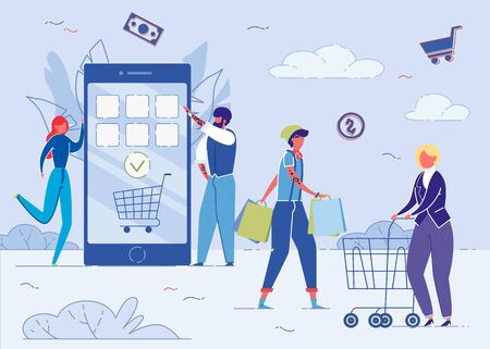 Online Payment with Mobile Phone Flat Cartoon Vector Illustration. Financial Data Protection, Smartphone with Cart on Screen. People Walking with Shopping Bags and Trolley.のイラスト素材
