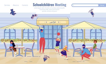 Schoolchildren Meeting. Online Service. Cartoon Teachers, Children Rest at Cafe. Adults and Kids Snacking, Playing Together. Communication and Education. Flat Landing Page Design. Vector Illustrationのイラスト素材
