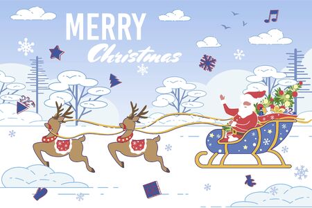 Santa Claus in Sleigh Pulled by Reindeer Team Riding at Forest Bringing Gifts and Fir Tree for Children. Happy New Year Merry Christmas Greeting Card, Postcard Cartoon Flat Vector Illustration, Bannerのイラスト素材