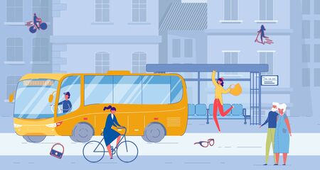 Life Situation at Urban Public Bus Stop. Young Woman Late for Transport Run for Departing Vehicle. Old Mature Couple Walking, Businesswoman Riding Bike on City Street. Vector Illustrationのイラスト素材