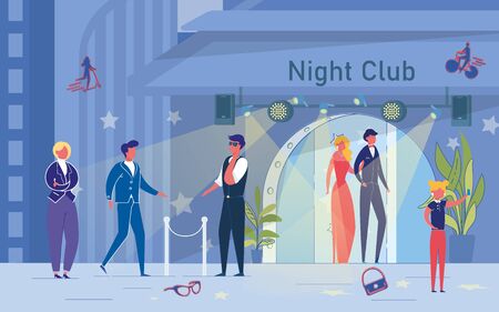 Building Dance Party Nightclub and People at Entrance. Elegant Married Couple Leaving Night Club and Little Girl Kid Taking Photo on Mobile Phone. Face Control Security Servicing Visitor. Illustrationのイラスト素材
