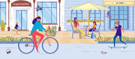 City Street with Supermarket, Cafe Building Exterior Facade. Mother with Daughter Rest in Cafeteria. Boy Scooting, Teenager Skateboarding, Woman Riding Bicycle with Grocery Basket on Sidewalkのイラスト素材