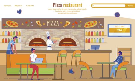 Flat Landing Page Advertising Pizza Restaurant. People Rest and Snack at Fast Food Cafe. Meal Delivery and Booking Table Service Online. Pizzeria Interior and Staff. Vector Cartoon Illustrationのイラスト素材