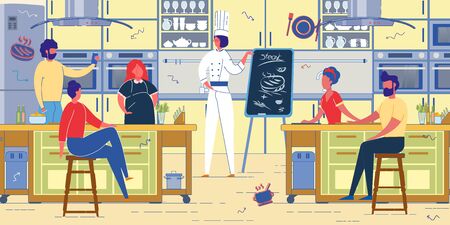Culinary Master Class in Restaurant or Cafe Kitchen. Girl in Uniform and White Hat Teaching People to Prepare Steak. Man and Woman Listen Chef. Cooking School Lesson Vector Illustrationのイラスト素材