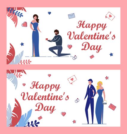 Happy Valentines Day - inscription and Loving Couples Characters in Greeting Cards Colorful Set. Festively Dressed Man and Woman Dating and getting Married. Flat Cartoon Vector Illustration.のイラスト素材