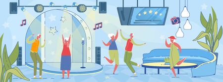 Dance Evening for Elderly People. Senior Pensioners Cartoon Characters Enjoying Music and Dancing Party in Disco Night Club Interior. Retirement Active Lifestyle and Joys. Flat Vector Illustration.のイラスト素材