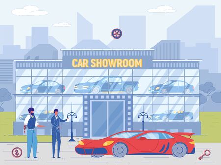 Dealer Sell Expensive Car to New Owner. Rich Man Purchase Luxurious Red Sports Car from Agent Salesman Vector Illustration. Automobile Showroom Building. Retail or Rent Auto Businessのイラスト素材