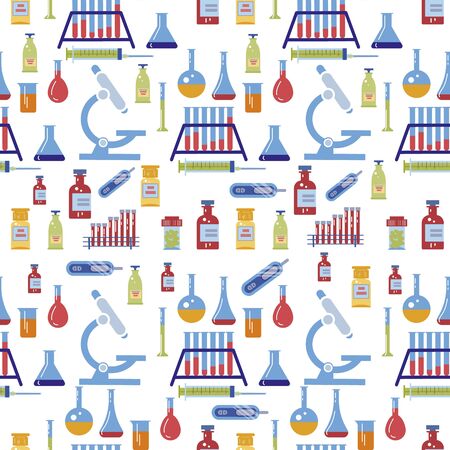 Medical Equipment Seamless Vector Pattern. Pill Bottle, Chemical Flask with Fluid, Tube, Microscope, Syringe, Laboratory Instrument. Pharmacology Endless Pattern on White Backgroundのイラスト素材