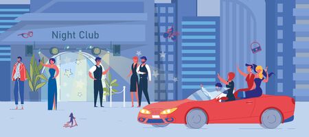 Night Club Entrance. Beautiful People Outside. Friend Group Driving Car. Young Elegant Woman Taking Selfie for Social Network on Phone. Security Meeting Couple Visitor. Vector Lifestyle Illustrationのイラスト素材