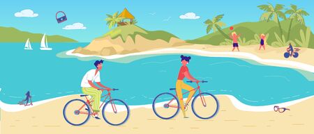 Man and Woman Cycling in Tropical Sand Beach. Young People Friend Riding Bicycle. Children Playing Ball on other Bay Side. Vacation on Exotic Resort. Outdoor Sport and Recreation. Vector Illustrationのイラスト素材