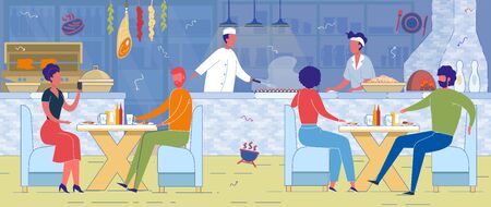 Restaurant Interior with Open Kitchen. Man and Woman Watch Cook Fry Sausage on Grill. Couple Sit at Table Talking. Cooking Barbeque in Cafe Vector Illustration. Chef Serve Roast Meatのイラスト素材