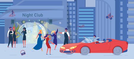 Drunk Girl Friend Group Having Fun Outside and Security Representative Doing Blocking Way Gesture with Arm. Man Driving Car. Married Couple at Face Control Service. Nightclub Entrance Outdoorのイラスト素材