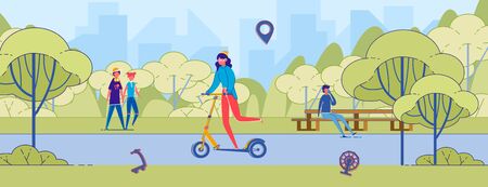 Cartoon Woman Riding Kick Scooter in Park. Young Hipster Girl on Push-scooter on Street. Healthy Activity. Eco Transportation, Mobility in City. Summer Day Active Leisure Vector Illustrationのイラスト素材