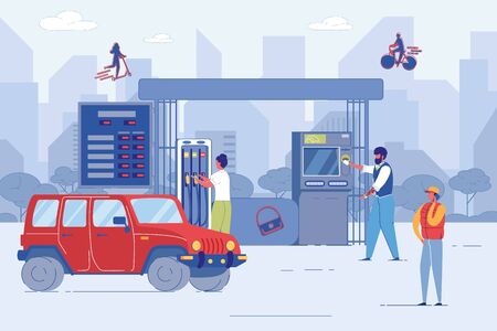 Woman Taking Fuel Nozzle Pump for Car Refueling. Bearded Man Buying Petrol via ATM Machine. Young Guy Talking Phone. People Character at City Petrol or Gas Station. Vector Lifestyle Illustrationのイラスト素材
