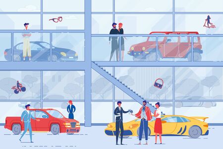 People Client Choosing, Buying Car in Showroom. Auto Loan. Rental Automotive Service Inside. Dealer and Customer Character. Expensive, Sport, Classic Vehicle Exhibition. Vector Lifestyle Illustrationのイラスト素材