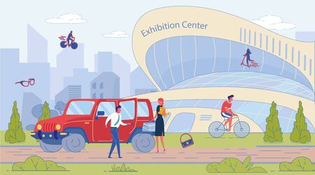 Man and Woman Couple Arrived to Modern Exhibition Center on Car. Wife and Husband Visit Contemporary Art Gallery. Cyclist and Glass Wall Futuristic Building. Vector Lifestyle Illustrationのイラスト素材
