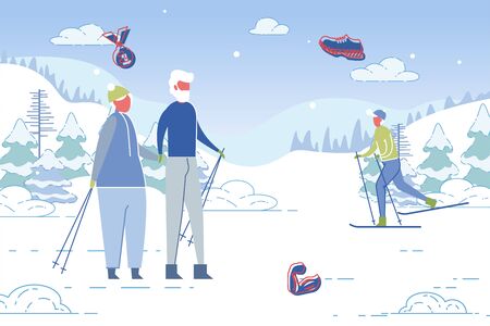 Elderly Couple Cartoon Characters at Ski Mountain Resort Background. Winter Landscape with Senior People Leading Healthy Active Lifestyle and Enjoying Retirement Age. Flat Vector Illustration.のイラスト素材