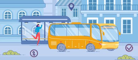 Cartoon Woman Running at Modern Glass Stop on Roadside. Girl Catching Up Yellow Bus Drive on Street. Urban Transportation Service in City. Late for Public Transport Vector Illustrationのイラスト素材