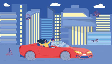 Happy Couple Driving Red Convertible Car Luxury Vehicle on Night Street. Man and Woman Enjoying Nightlife in Big City. People Racing on Cityscape Building Silhouette. Vector Lifestyle Illustrationのイラスト素材
