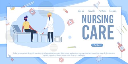 Nursing Care Banner. Woman Nurse Bandage Injured Leg. Man Patient Dressing in Hospital. Professional Medical First Aid Help for Accident Trauma. Postoperative Wound Care Vector Illustrationの写真素材