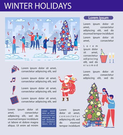 Vector Illustration Inscription Winter Holidays. Adults Stand Street near Decorated Christmas Tree and Drink Alcohol. Holiday Atmosphere City. Dad Raised Child to Decorate Christmas Tree at Home.の写真素材