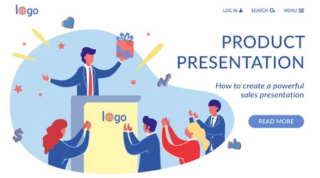 Product Presentation Flat Landing Page Template. Successful Marketing Report Cartoon Illustration. New Product Launching Vector Website Homepage Layout. Businessman Holding Presentの写真素材