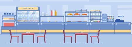 Canteen Interior. Empty Dining Room, Counter with Food Beverage, Tables, Chairs Vector Illustration. Lunchroom Dining Hall in School College Hospital. Cafeteria Cafe Buffet Businessの写真素材