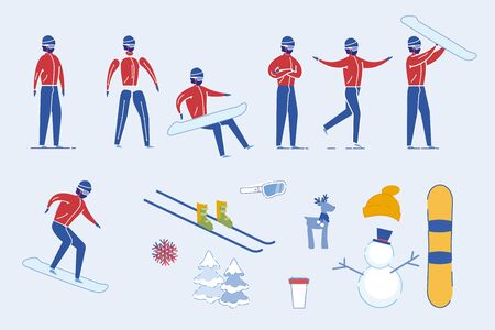 Winter Sportsman Male Cartoon Character in Poses and with Skiing, Snowboarding Equipment. Man in Warm Active Wear and Helmet Jumping, Skiing and Riding on Snowboard. Flat Vector Illustration Isolated.の写真素材