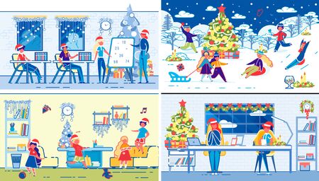 Children Winter Christmas Holidays Activity, Leisure and Fun. School and Preschool Kids on Xmas Vacations and Events in Festively Decorated Schoolroom and on Schoolyard. FLat Vector Illustrations Set.の写真素材
