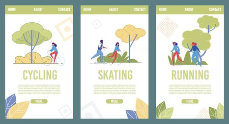Sportive Recreation Mobile Web Page Templates Set. Smartphone Screen Responsive Website Interface Idea with Cartoon Characters. Cycling Skating and Running Activities Onboarding Webpages Conceptの写真素材