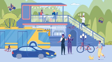 People Character Talking Cross Road. Guy Walking Dog on Leash. Urban Transport Traffic. Visitor Eat in City Street Cafe on Roadside. Waiter Go up Stairs with Food Order on Tray. Lifestyle Illustrationのイラスト素材