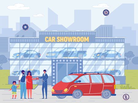 Family Buy Minivan at Car Showroom. Dealer Sell Car, Give Key to New Owner. Man and Woman with Child Purchase Automobile from Salesman Agent Vector Illustration. Retail or Rent Auto Businessのイラスト素材