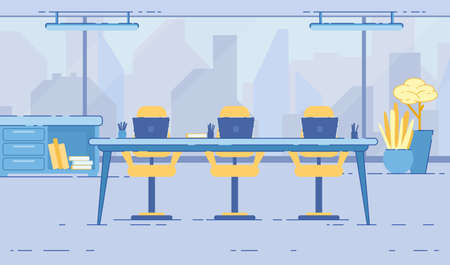 Office Meeting Room Interior with Glass Wall, Panoramic Window with Cityscape, Large Table with Yellow Chairs Potted Plants and Bookcase with Folders Modern Work Place Cartoon Flat Vector Illustrationのイラスト素材