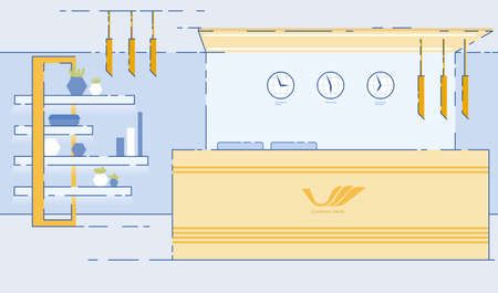 Travel Agency, Hotel Reception Room, Hallway or Lobby Empty Interior Design with Administrator Desk, Clocks for Different Time Zones, Modern Lamps and Shelf for Plants Cartoon Flat Illustrationのイラスト素材