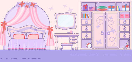 Little Girl Bedroom Fairytale Interior Flat Vector Background with Pink Walls and Fancy Furniture, Veil Under Soft Double Bed, Makeup Table with Mirror and Toys on Big Wardrobe Shelves Illustrationのイラスト素材