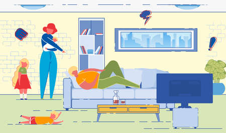 Wife Dissatisfied with Husband, Neglecting his Domestic Responsibilities for Raising Children and Housekeeping. Man Watching Television in Messed up room and Angry Woman. Flat Vector Illustration.のイラスト素材