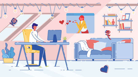 Online Date, Man and Woman Communicate over Computer in Dating Chat. Modern Social Media Internet Communication Technology. Human Relationships and Love Affair. Trendy Flat Vector Illustration.のイラスト素材