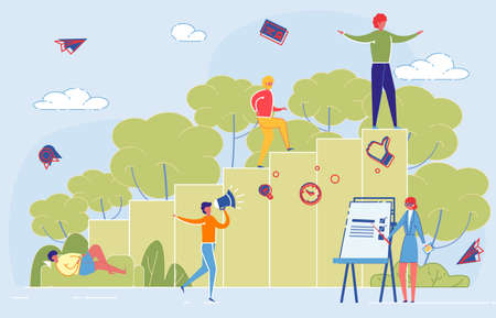 People Achieve Personal Goals in Studies or Business under Coach, Tutor Guidance. Motivation and Support, Professional Development Strategy and Growth Management. Flat Cartoon  Illustration.のイラスト素材