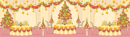 Luxury Restaurant Hall Decorations for Winter Holidays Party or Event Celebration Flat  Background with Christmas Trees, Garlands on Ceiling, Champagne on Decorated Dinner Tables Illustrationのイラスト素材