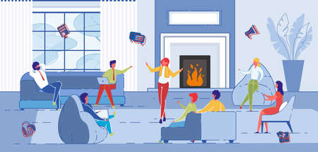 Creative Art People Work Together in Coworking Space. Work Team Informal Meeting, Training or business games. Discussion and Brainstorming in Lounge Room or Loft. Flat Cartoon Vector ILlustration.のイラスト素材
