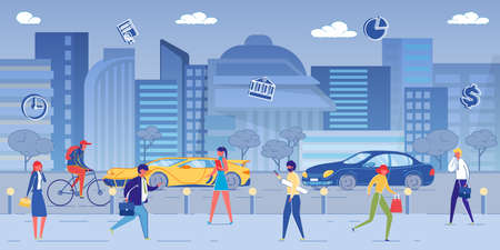 Big City Street with Road Traffic Flat Cartoon Vector Illustration. Businesspeople Life, Walking. Busy Office Workers Running with Briefcases in Hands, Hurrying to Work. High Buildings on Background.のイラスト素材