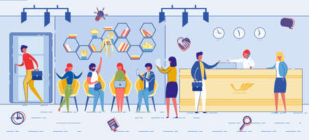 People Sitting in Line Waiting in Business Center near Reception Flat Cartoon Illustration. Job Interview and Recruiting Process. Human Resource Department in Company. Candidates or Visitors.のイラスト素材