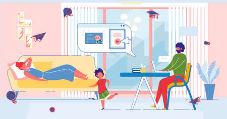 Married Man with Laptop Prepares to Exam, Receives Vocational Education and Diploma from Home. Homeschooling, E-learning, Online Education, Distance Professional Courses. Flat Vector Illustration.のイラスト素材