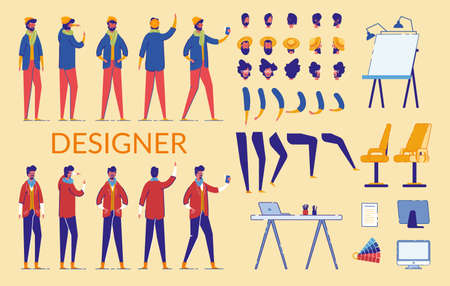 Man Characters Designer Constructor Flat Cartoon Vector Illustration. Bearded Male Creation Set with Front, Side, Back Views, Hairstyles, Arms, LegsPositions and Gestures. Equipment for Creation.のイラスト素材