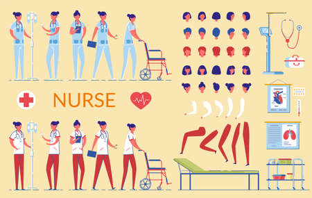 Nurse Character in Hospital Uniform Flat Cartoon VEctor Illustration. Doctor in Different Views, Medical Equipment, Nursing Tools. Building Woman. Head, Legs and Arms in Various Poses.のイラスト素材