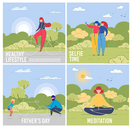 Day on Nature Cards Set with People Meditating, Doing Selfie, Leading Healthy Lifestyle and also Son and Father Characters for Fathers Day on Summer Landscape Backgrounds. Flat  Illustration.のイラスト素材