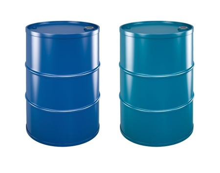 two coloured steel barrels on white background with pathsの写真素材