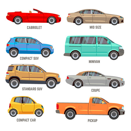 Car types vector flat icons. Automobile models icons setのイラスト素材